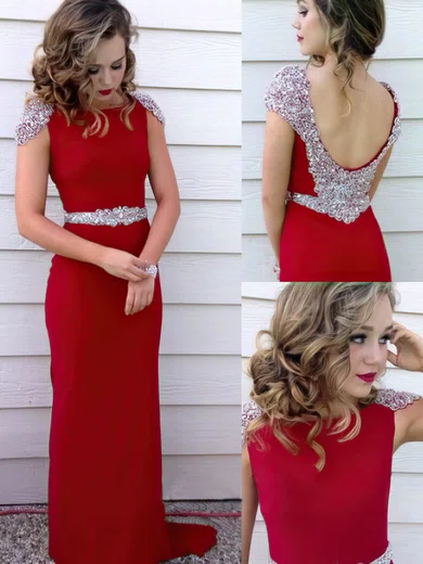 Sheath/Column Scoop Neck Silk-like Satin Sweep Train Beading Prom Dresses #UKM02019924