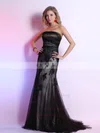 Black Elegant Satin Tulle Strapless Sweep Train Appliques Lace Ruffles Prom Dress #UKM02023109