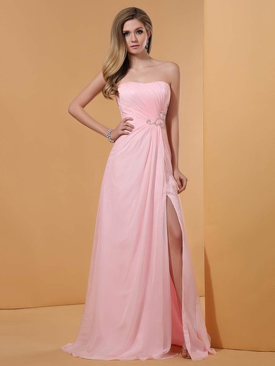 Split Front Pink Chiffon Strapless Sheath/Column Ruffles Discount Prom dresses #UKM02023194