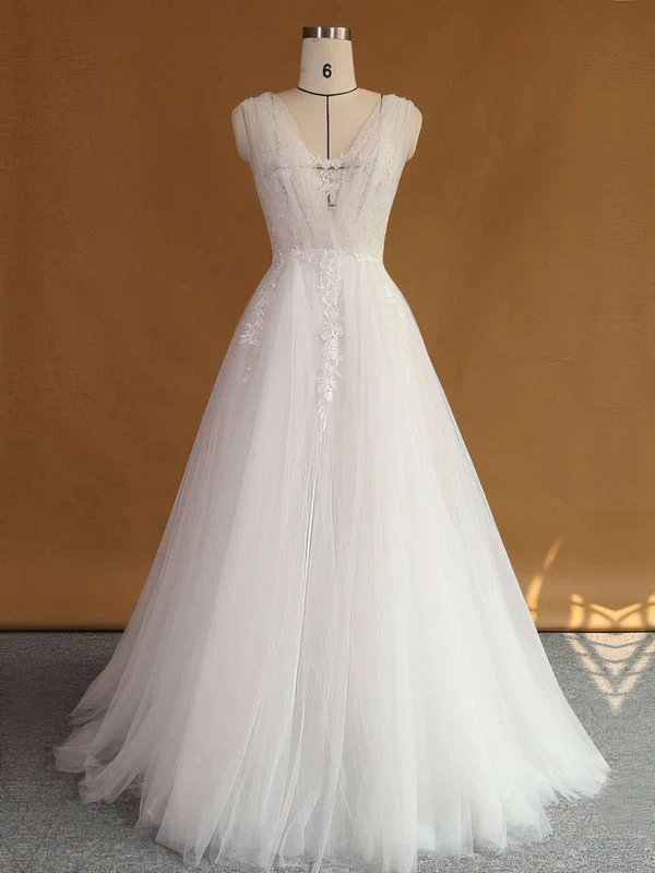 Ball Gown V-neck Tulle Sweep Train Wedding Dresses With Appliques Lace #UKM00022707