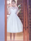 Pretty A-line Scoop Neck Tulle Appliques Lace Tea-length 1/2 Sleeve Wedding Dresses #UKM00022708