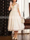 A-line V-neck Taffeta with Lace Tea-length Short Sleeve Classy Wedding Dresses #UKM00022716