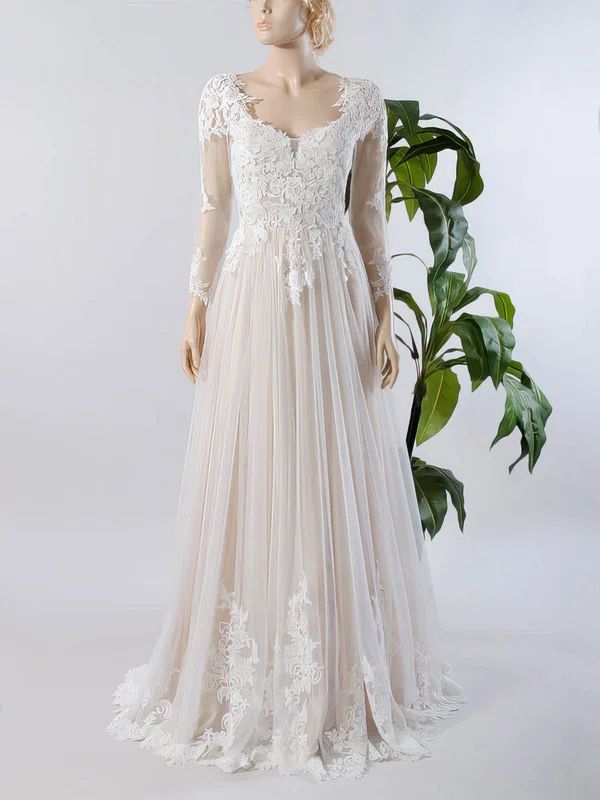 Ball Gown V-neck Tulle Sweep Train Wedding Dresses With Appliques Lace #UKM00022717