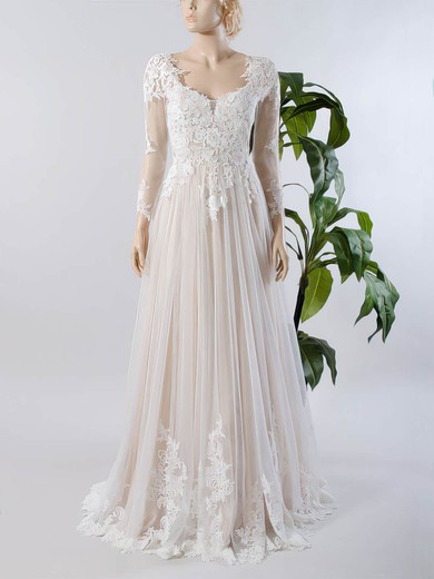 Custom A-line V-neck Tulle Appliques Lace Sweep Train Long Sleeve Wedding Dresses #UKM00022717
