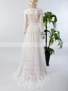 Custom A-line V-neck Tulle Appliques Lace Sweep Train Long Sleeve Wedding Dresses #UKM00022717