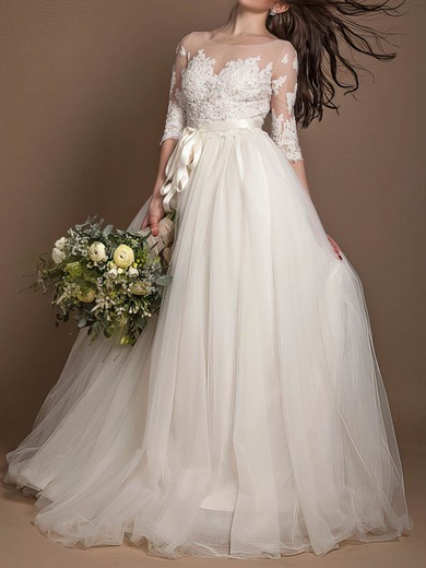 Ball Gown/Princess Illusion Tulle Floor-length Wedding Dresses With Appliques Lace #UKM00022723