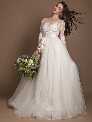 New Princess Scoop Neck Tulle Appliques Lace Floor-length 1/2 Sleeve Wedding Dresses #UKM00022723