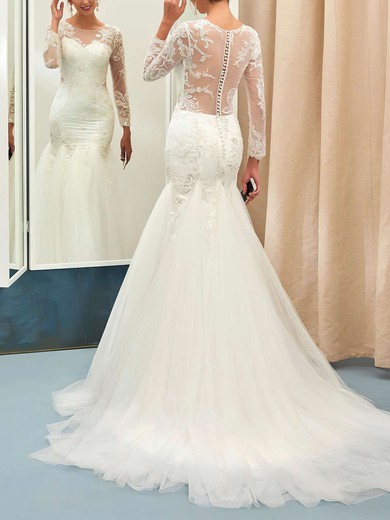 Online Trumpet/Mermaid Scoop Neck Tulle Appliques Lace Sweep Train Long Sleeve Wedding Dresses #UKM00022732