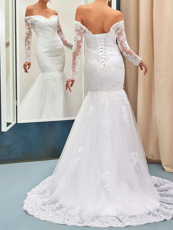 Trumpet/Mermaid Off-the-shoulder Tulle Sweep Train Wedding Dresses With Appliques Lace #UKM00022735