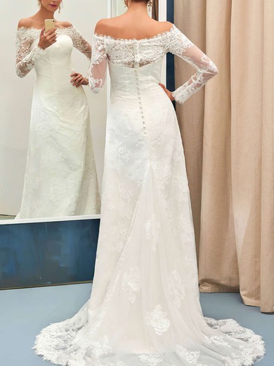 Great Sheath/Column Off-the-shoulder Tulle Appliques Lace Sweep Train Long Sleeve Wedding Dresses #UKM00022736