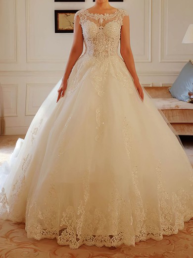 Ball Gown/Princess Illusion Tulle Chapel Train Wedding Dresses With Appliques Lace #UKM00022738