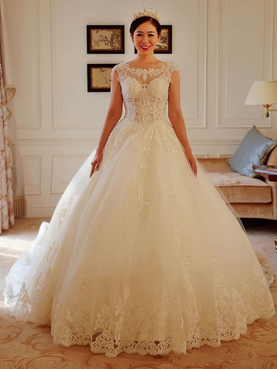 Ball Gown Illusion Tulle Chapel Train Wedding Dresses With Appliques Lace #UKM00022738