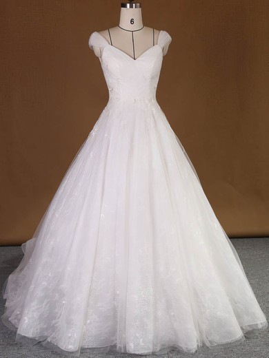 Ball Gown V-neck Lace Tulle Court Train Wedding Dresses With Appliques Lace #UKM00022740