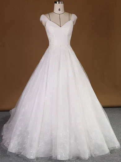 Ball Gown/Princess V-neck Lace Tulle Court Train Wedding Dresses With Appliques Lace #UKM00022740