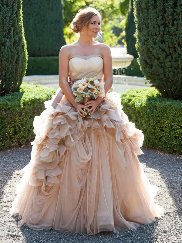 Ball Gown Sweetheart Tulle Court Train Wedding Dresses With Cascading Ruffles #UKM00022747