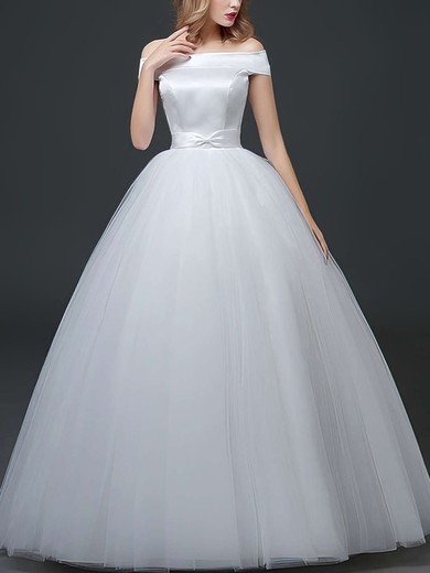 Ball Gown Off-the-shoulder Tulle Floor-length Wedding Dresses With Sashes / Ribbons #UKM00022760