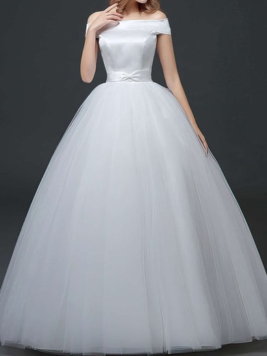 Ball Gown Off-the-shoulder Tulle Floor-length Wedding Dresses With Sashes / Ribbons #UKM00022760