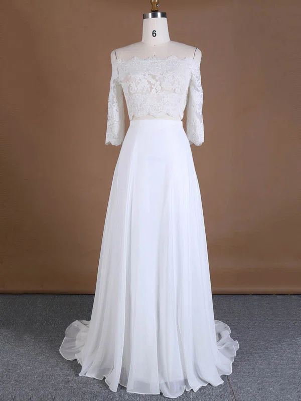 A-line Off-the-shoulder Chiffon Sweep Train Wedding Dresses With Appliques Lace #UKM00022762