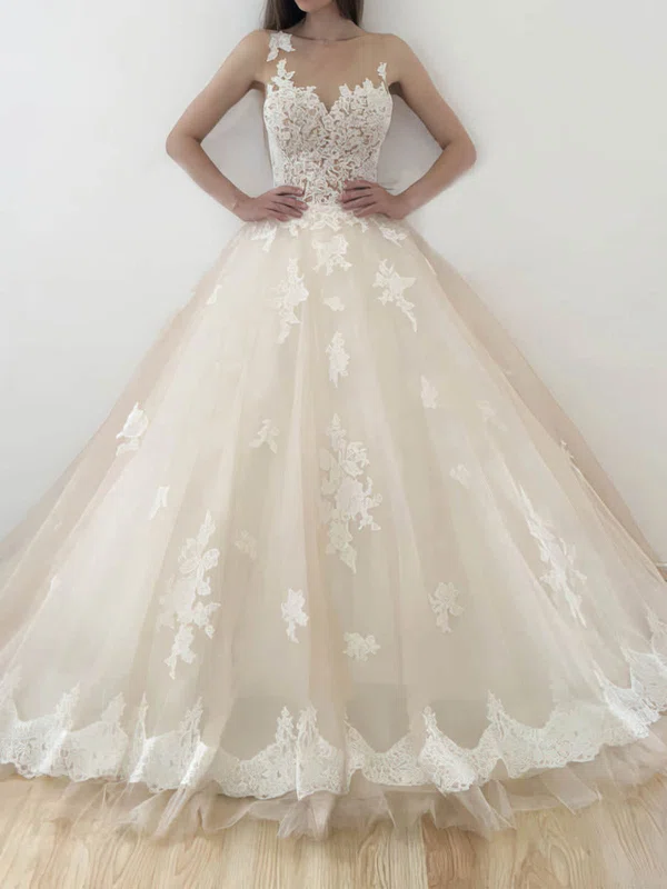 Ball Gown/Princess Illusion Tulle Court Train Wedding Dresses With Appliques Lace #UKM00022773