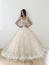 Ball Gown Illusion Tulle Court Train Wedding Dresses With Appliques Lace #UKM00022773