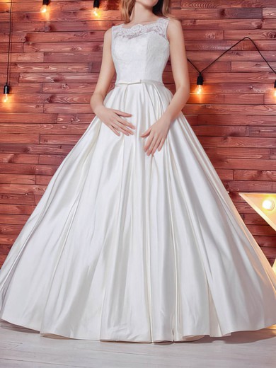 Ball Gown/Princess Illusion Lace Satin Floor-length Wedding Dresses With Sashes / Ribbons #UKM00022784