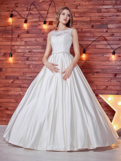 Ball Gown Illusion Lace Satin Floor-length Wedding Dresses With Sashes / Ribbons #UKM00022784