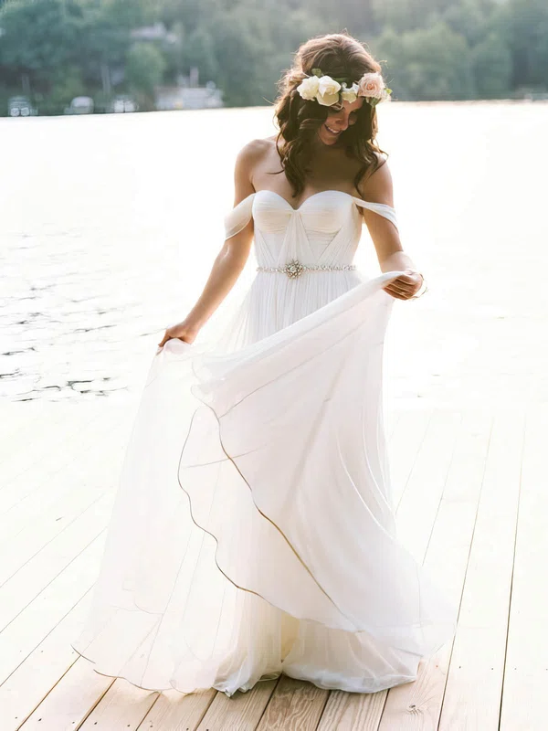A-line Off-the-shoulder Chiffon Sashes / Ribbons Floor-length Backless Newest Wedding Dresses #UKM00022791