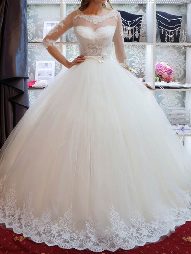 Ball Gown/Princess Illusion Tulle Floor-length Wedding Dresses With Appliques Lace #UKM00022795