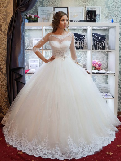Ball Gown Scoop Neck Tulle Appliques Lace Floor-length 1/2 Sleeve Graceful Wedding Dresses #UKM00022795