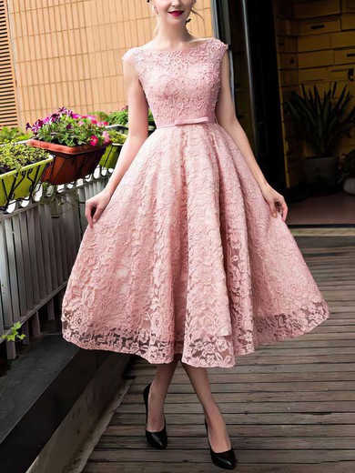 A-line Scoop Neck Lace Tea-length Sashes / Ribbons Short Prom Dresses #UKM020102877