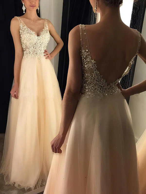 Princess V-neck Tulle Floor-length Appliques Lace Prom Dresses #UKM020102889