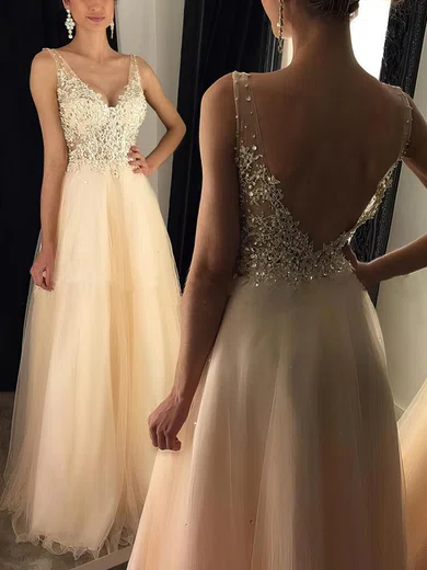 Ball Gown V-neck Floor-length Tulle Prom Dresses With Appliques #UKM020102889