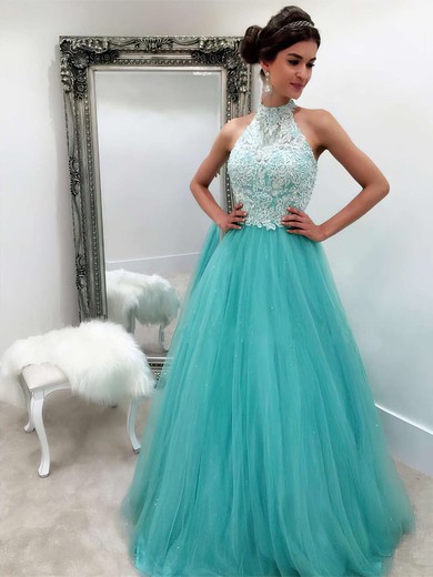 Princess High Neck Tulle Floor-length Appliques Lace Prom Dresses #UKM020102893