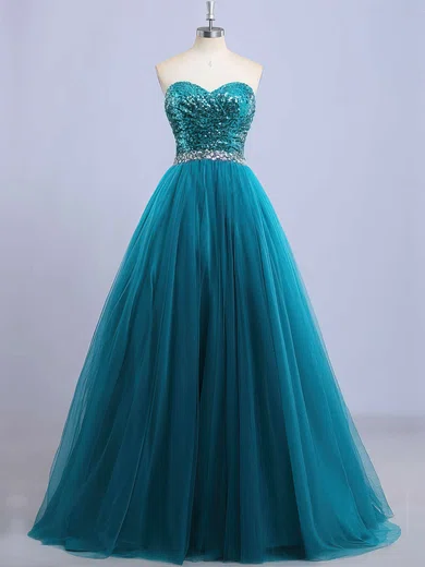 Ball Gown Strapless Sequin Tulle Prom Dresses With Beading #UKM020102908