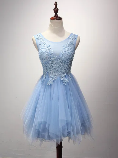 A-line Scoop Neck Tulle Prom Dresses With Appliques #UKM020102909