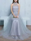 A-line High Neck Tulle Floor-length Appliques Lace Prom Dresses #UKM020102925