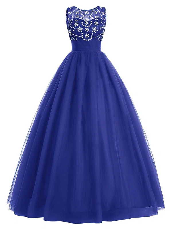 Online Ball Gown Scoop Neck Lace Tulle Beading Floor-length Royal Blue Open Back Prom Dresses #UKM020102948
