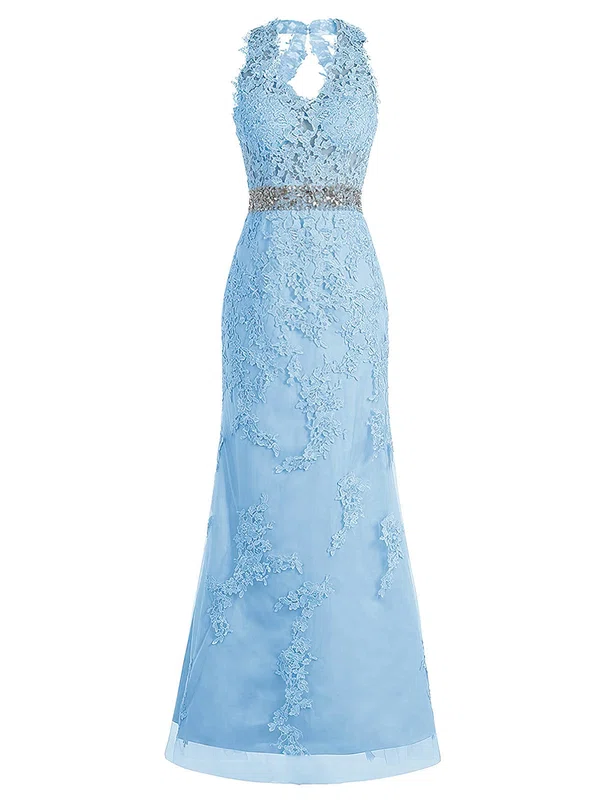 Famous Sheath/Column V-neck Tulle Beading Floor-length Blue Open Back Prom Dresses #UKM020102950
