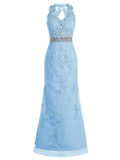 Famous Sheath/Column V-neck Tulle Beading Floor-length Blue Open Back Prom Dresses #UKM020102950