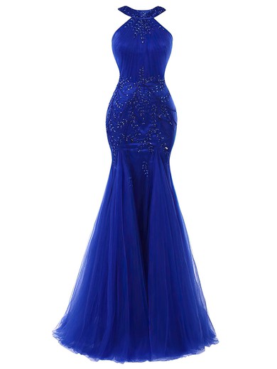 Trumpet/Mermaid Scoop Neck Tulle Beading Floor-length Royal Blue Women's Prom Dresses #UKM020102978