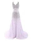 Stunning Sheath/Column V-neck Tulle Crystal Detailing Sweep Train Open Back Prom Dresses #UKM020102985