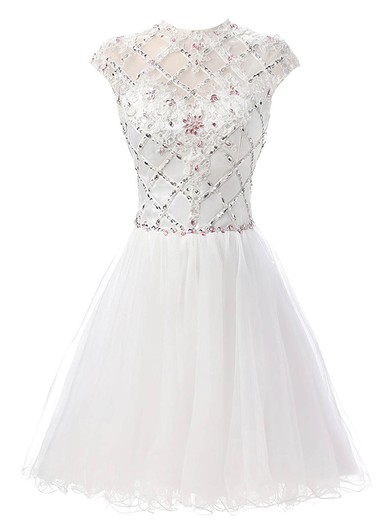 A-line High Neck Tulle Short/Mini Beading Short Prom Dresses #UKM020103010