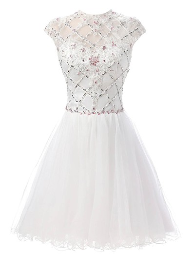 A-line High Neck Tulle Short/Mini Beading Prom Dresses #UKM020103010