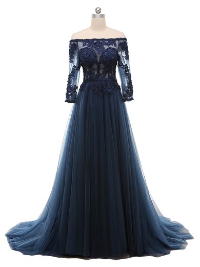 Modest A-line Off-the-shoulder Tulle Appliques Lace Sweep Train Dark Navy Long Sleeve Prom Dresses #UKM020103020