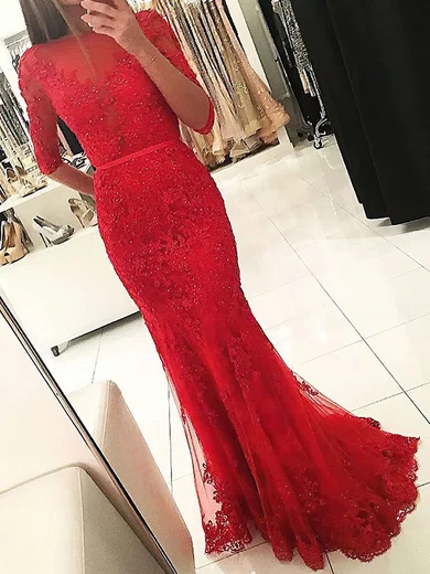 Red Mermaid Illusion Backless Tulle Prom Dresses With Appliques #UKM020103022