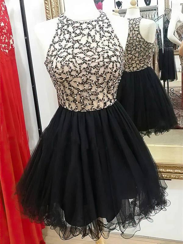A-line Scoop Neck Tulle with Beading Short/Mini Black Glamorous Prom Dresses #UKM020103024