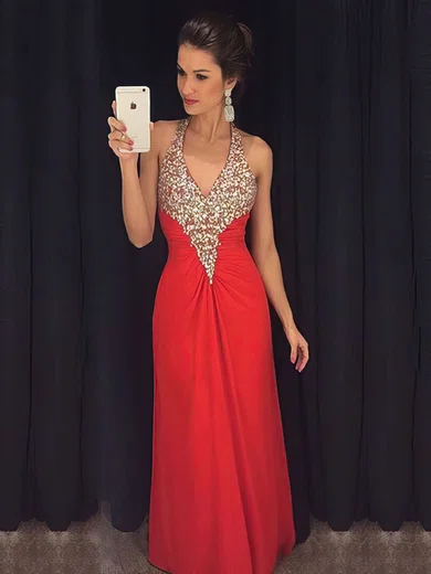 A-line Halter Chiffon Floor-length Beading Prom Dresses #UKM020103025