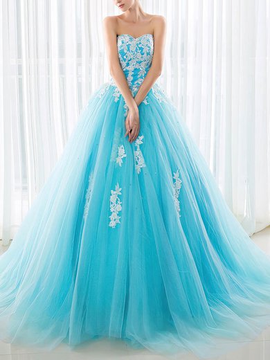 Ball Gown Sweetheart Tulle Appliques Lace Sweep Train Lace-up Beautiful Prom Dresses #UKM020103029