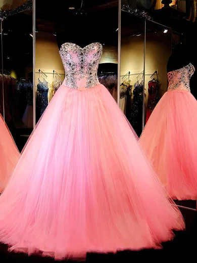 Ball Gown Strapless Floor-length Tulle Prom Dresses With Beading #UKM020103032