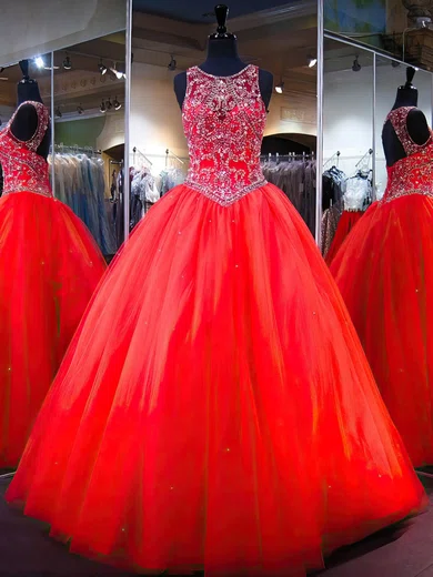 Red Ball Gown Illusion Tulle Cut Out Prom Dresses With Beading #UKM020103033